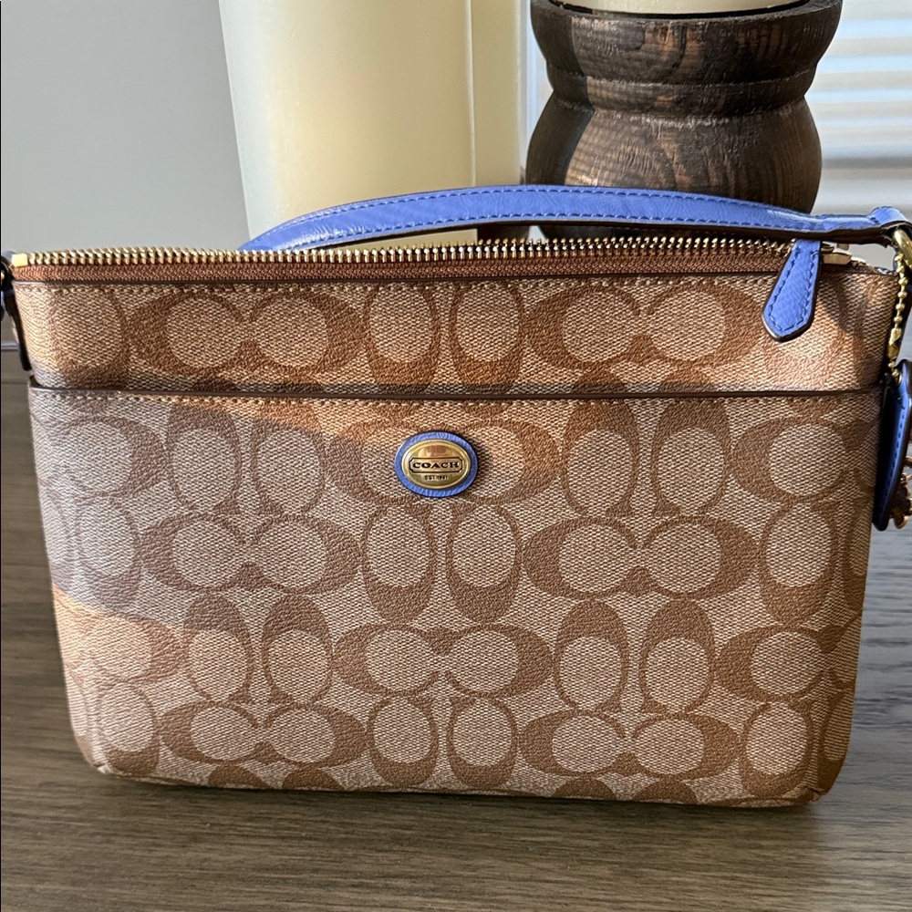 Coach Signature Brown Crossbody with Blue Trim